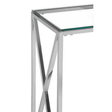 Silver Minimal Console Table with Cross Detail and Clear Tempered Glass Top | Allure