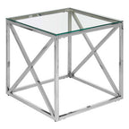 Silver Cross Base End Table with Transparent Tempered Glass Top | Allure