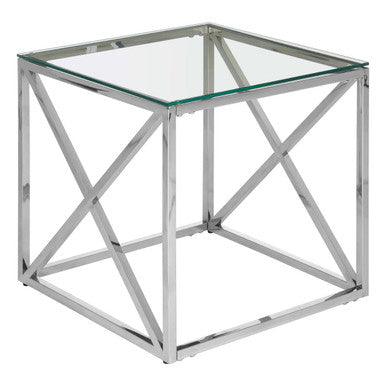 Silver Cross Base End Table with Transparent Tempered Glass Top | Allure
