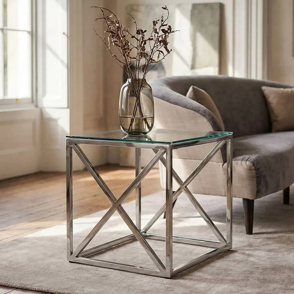 Silver Cross Base End Table with Transparent Tempered Glass Top | Allure