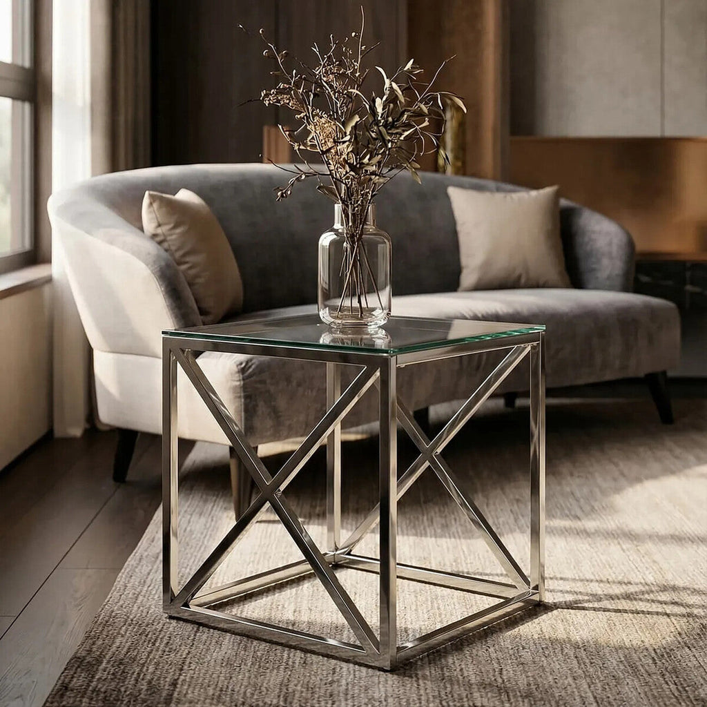 Silver Cross Base End Table with Transparent Tempered Glass Top | Allure