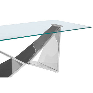 Silver Stainless Steel Wing Base Coffee Table with Clear Glass Top | Allure