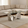 Silver Stainless Steel Wing Base Coffee Table with Clear Glass Top | Allure