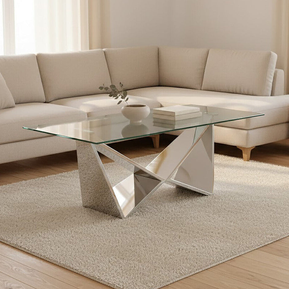 Silver Stainless Steel Wing Base Coffee Table with Clear Glass Top, Allure