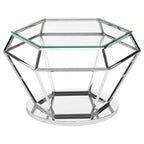 Silver Finish Diamond Design End Table with Clear Tempered Glass Top | Allure