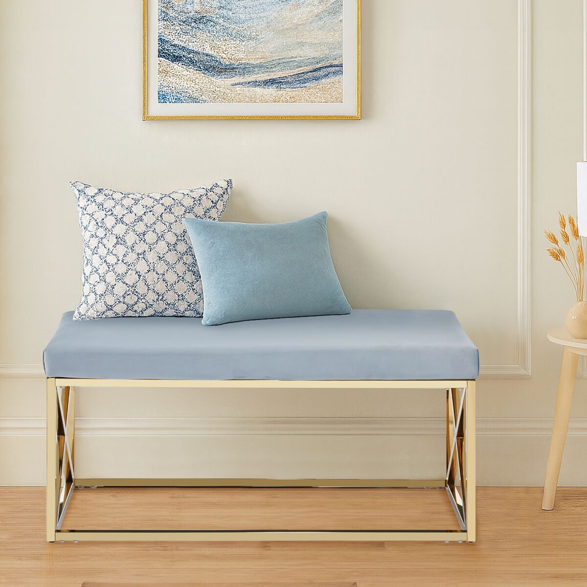 Powder Blue Velvet And Gold Bench | Allure
