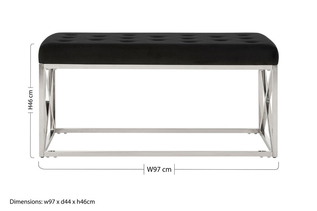 Allure Black Tufted Seat And Silver Finish Bench