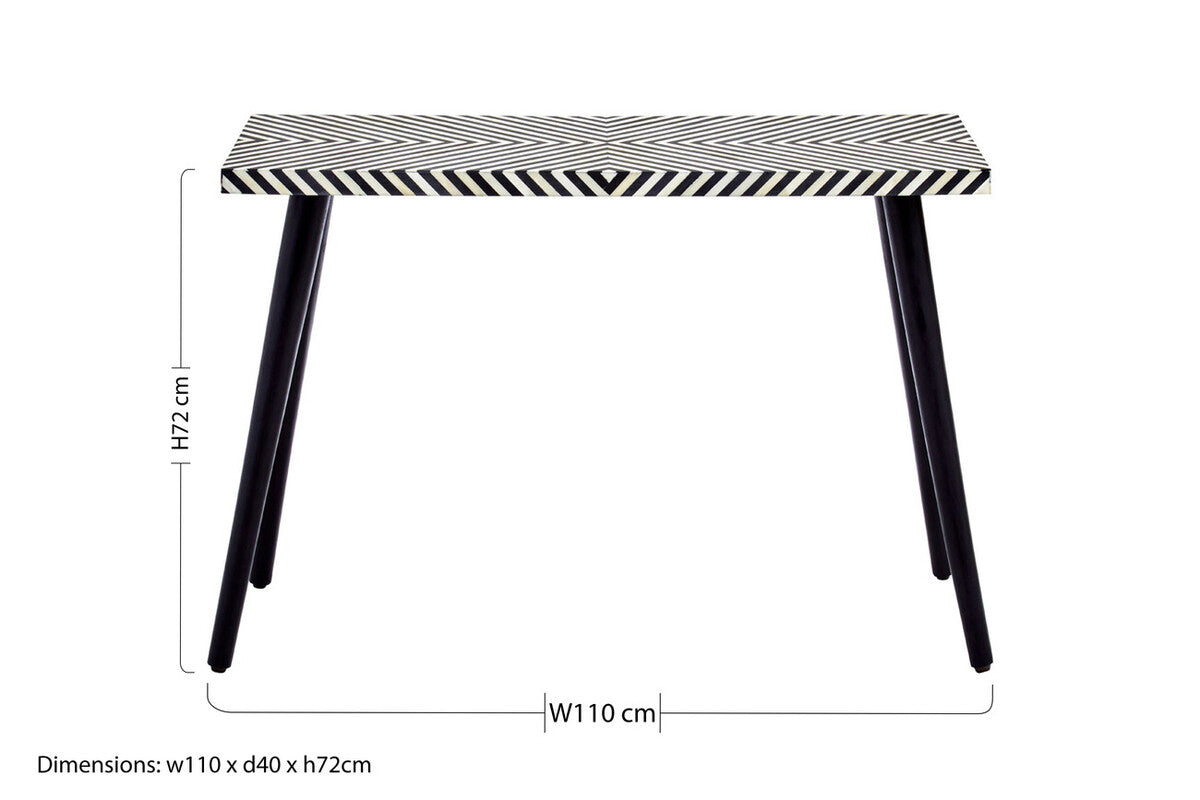 Black Chevron Bone Inlay Console Table with Slim Metal Legs | Boho