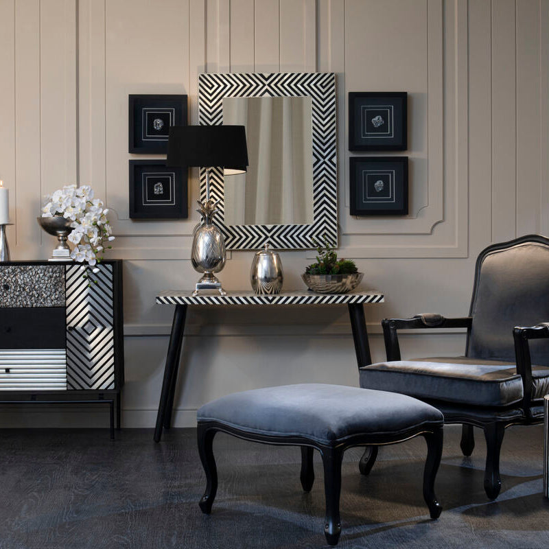Black Chevron Bone Inlay Console Table with Slim Metal Legs | Boho