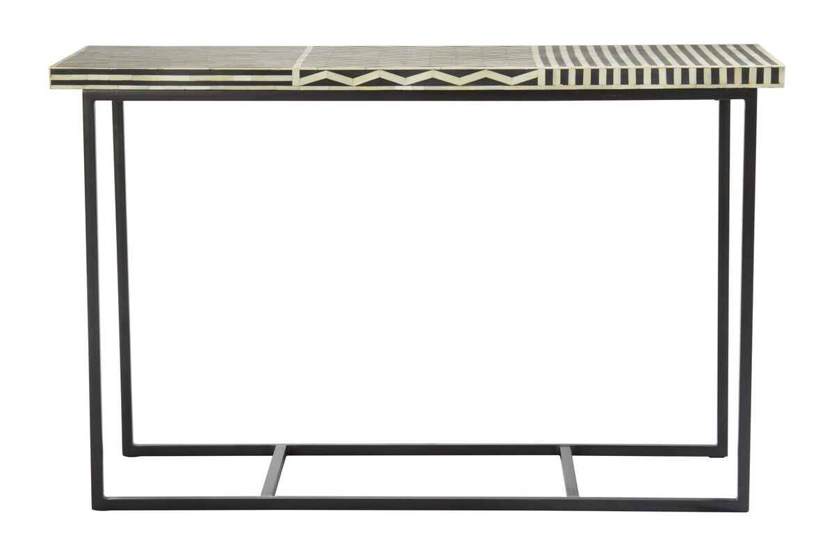 Black Console Table with Bone Inlay Pattern Top and Black Metal Base, Boho