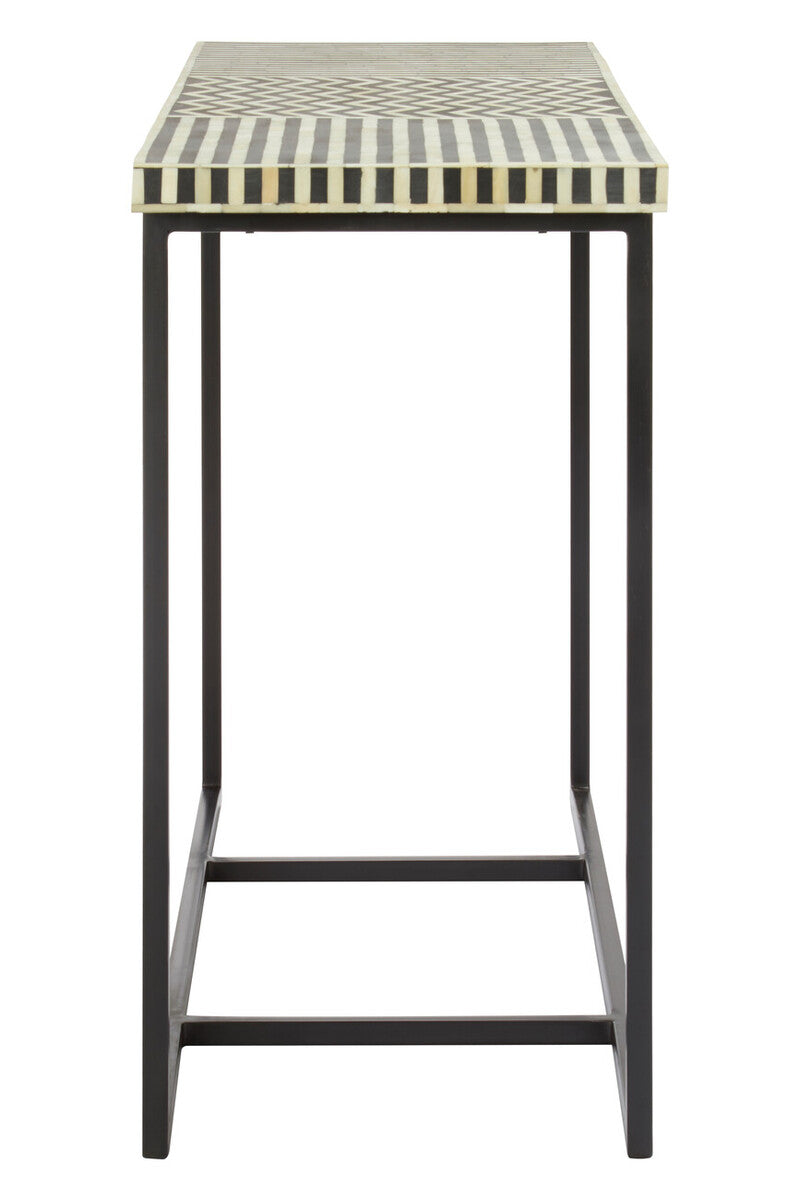 Black Console Table with Bone Inlay Pattern Top and Black Metal Base, Boho