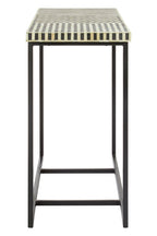 Black Console Table with Bone Inlay Pattern Top and Black Metal Base, Boho