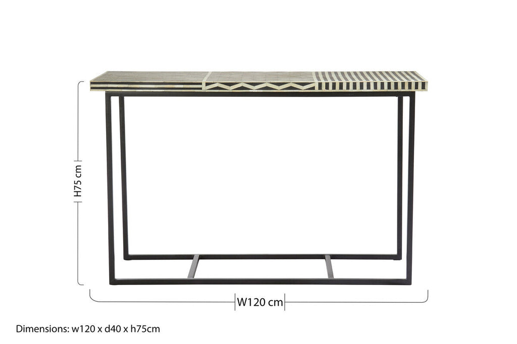 Black Console Table with Bone Inlay Pattern Top and Black Metal Base, Boho