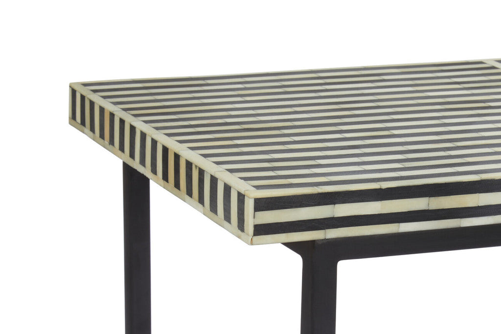 Black Console Table with Bone Inlay Pattern Top and Black Metal Base, Boho