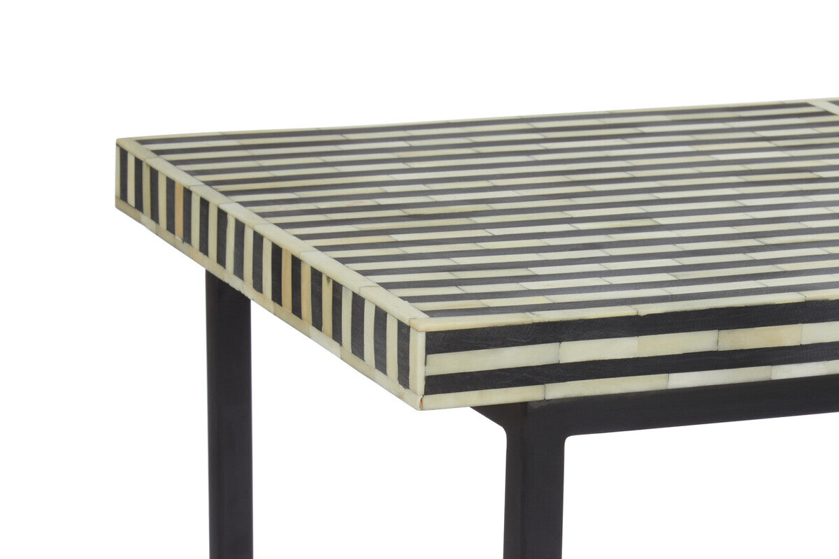 Black Console Table with Bone Inlay Pattern Top and Black Metal Base, Boho
