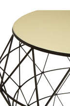White Ivory Enamel Top Side Table with Black Metal Geometric Openwork Base | Corina