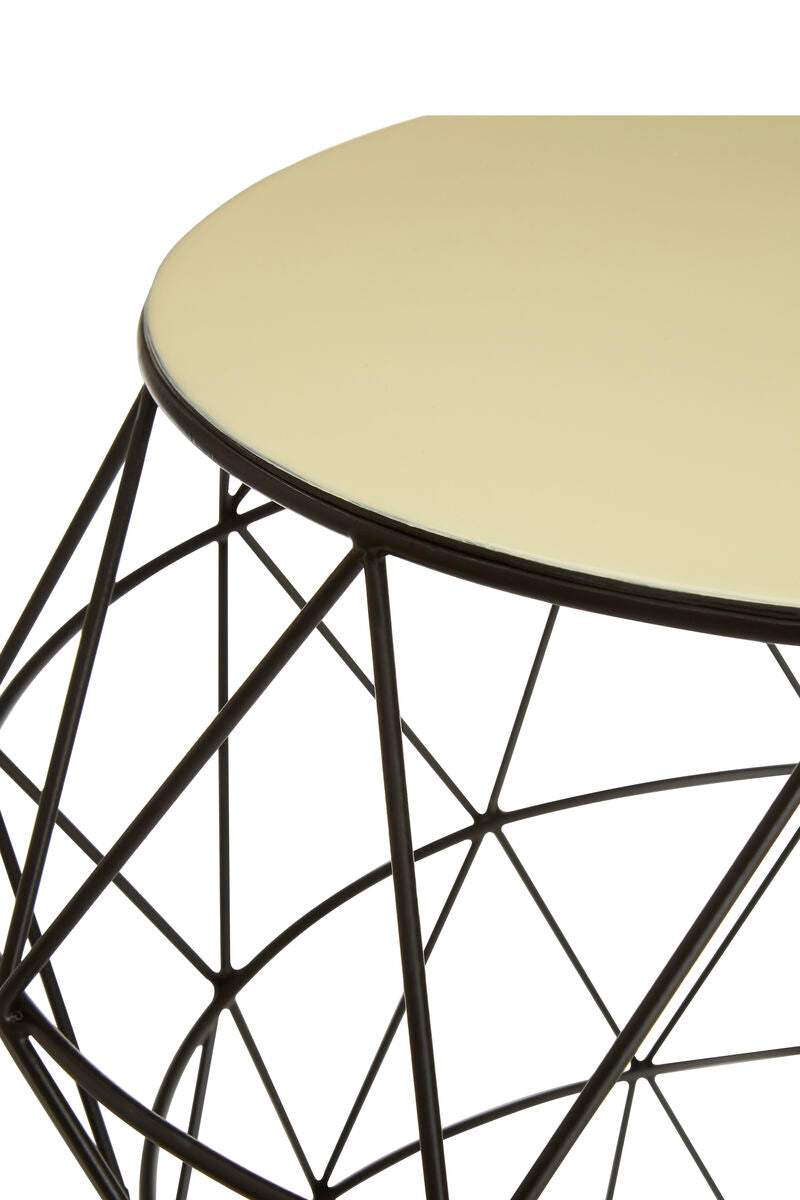 White Ivory Enamel Top Side Table with Black Metal Geometric Openwork Base | Corina