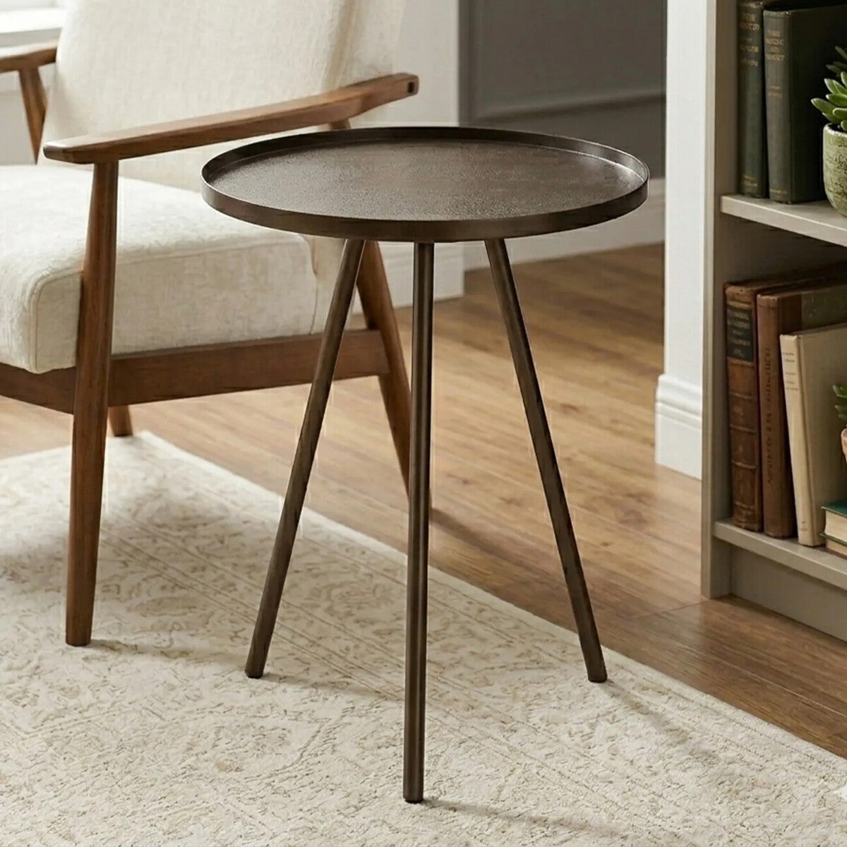 Black Finish Iron Metal Splayed Legs Side Table with Round Weathered Antique Glass Top | Corra