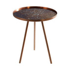 Matte Copper Weathered Side Table with Round Antique Glass Top and Splayed Legs, Corra