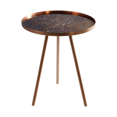 Matte Copper Weathered Side Table with Round Antique Glass Top and Splayed Legs, Corra