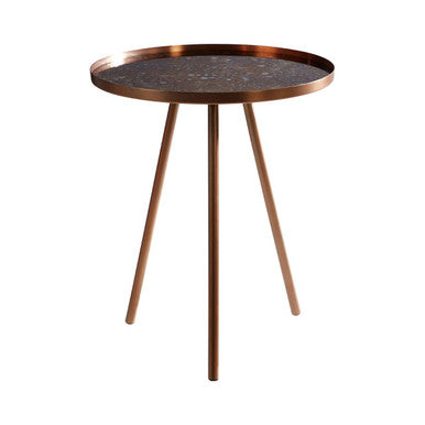 Matte Copper Weathered Side Table with Round Antique Glass Top and Splayed Legs, Corra