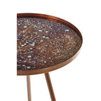 Matte Copper Weathered Side Table with Round Antique Glass Top and Splayed Legs, Corra