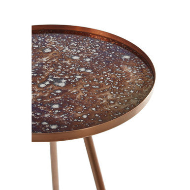Matte Copper Weathered Side Table with Round Antique Glass Top and Splayed Legs, Corra