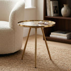 Gold Finish Round Glass Top Side Table with Splayed Metallic Legs | Corra