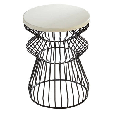 White Top Round Side Table with Black Iron Wire Curved Openwork Base | Corina