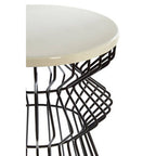White Top Round Side Table with Black Iron Wire Curved Openwork Base | Corina