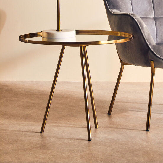 Gold Finish Mirrored Top Side Table with Minimal Iron Base | Corra