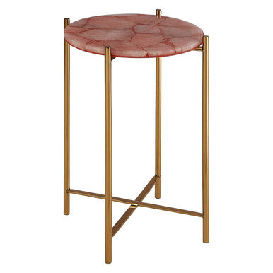 Gold and Pink Quartz Top Side Table with Gold Steel Cross Base | Vita