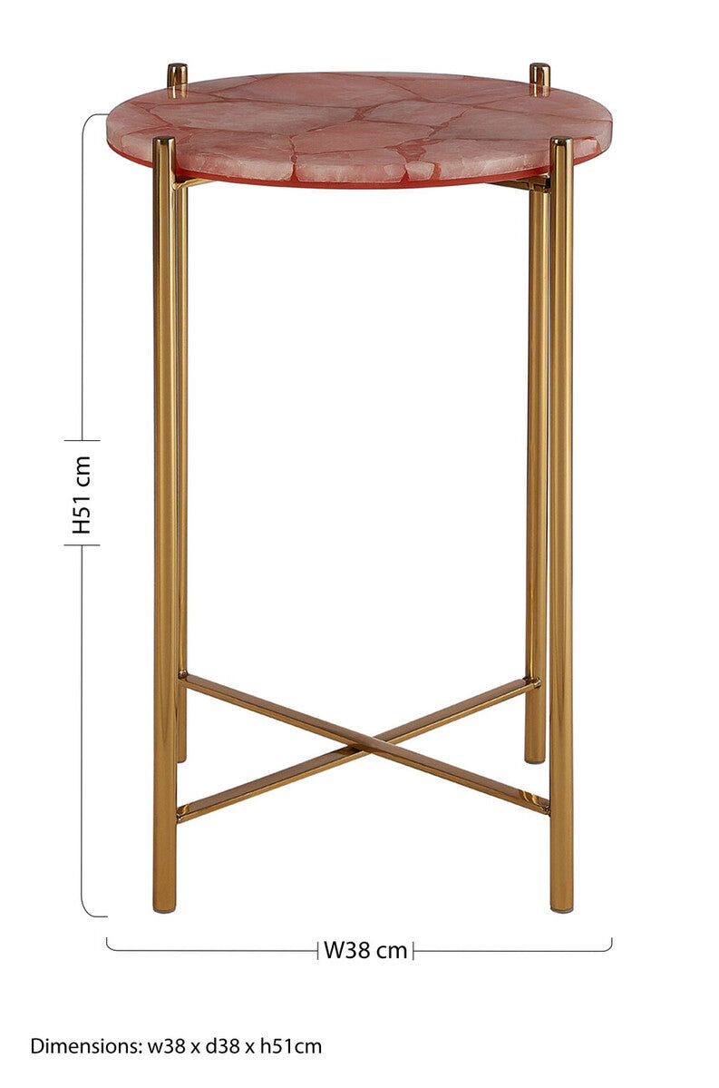Gold and Pink Quartz Top Side Table with Gold Steel Cross Base | Vita