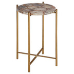 Natural and Gold Agate Top Side Table with Gold Steel Cross Base, Vita