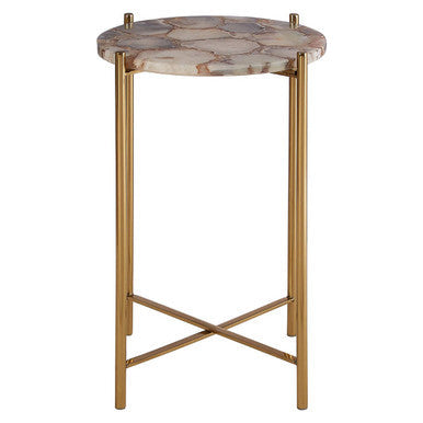 Natural and Gold Agate Top Side Table with Gold Steel Cross Base, Vita
