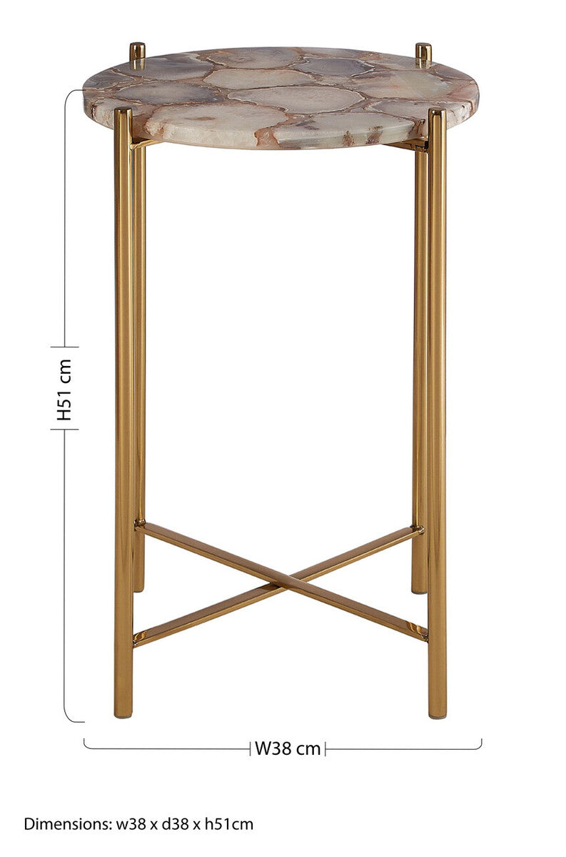 Natural and Gold Agate Top Side Table with Gold Steel Cross Base, Vita