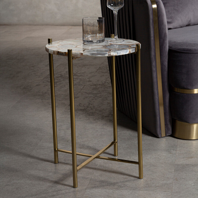 Natural and Gold Agate Top Side Table with Gold Steel Cross Base, Vita