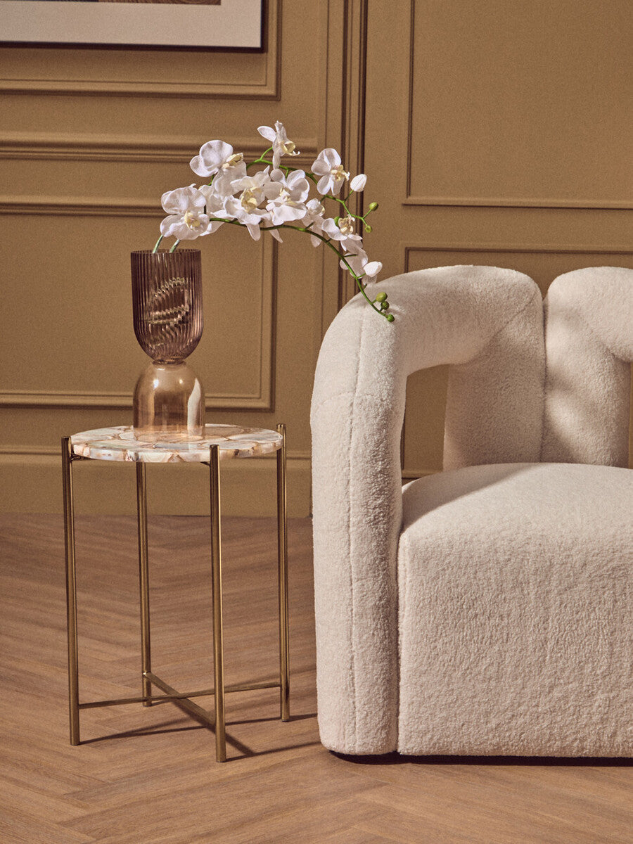 Natural and Gold Agate Top Side Table with Gold Steel Cross Base, Vita