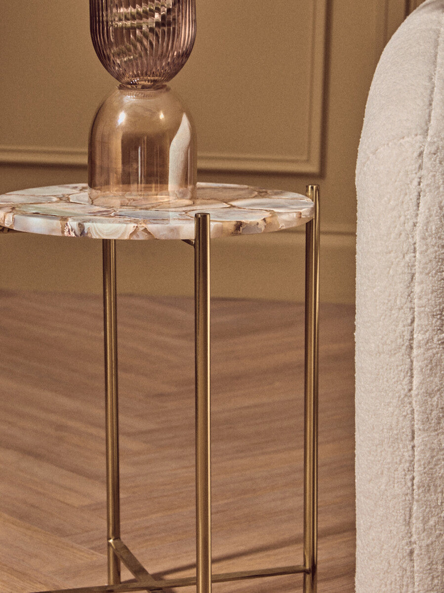 Natural and Gold Agate Top Side Table with Gold Steel Cross Base, Vita