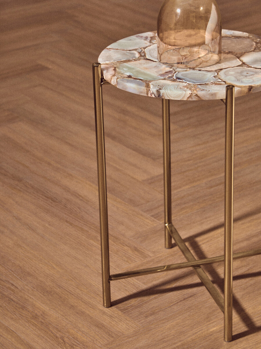 Natural and Gold Agate Top Side Table with Gold Steel Cross Base, Vita