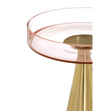 Clear Large Side Table with Pink Tinted Glass Top and Conical Metal Base, Martini