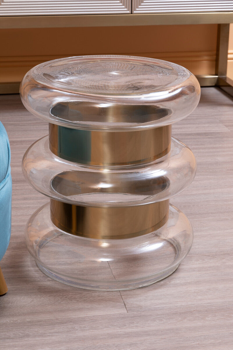 Gold Finish Side Table with Clear Circular Glass Sides and Steel Frame | Margot