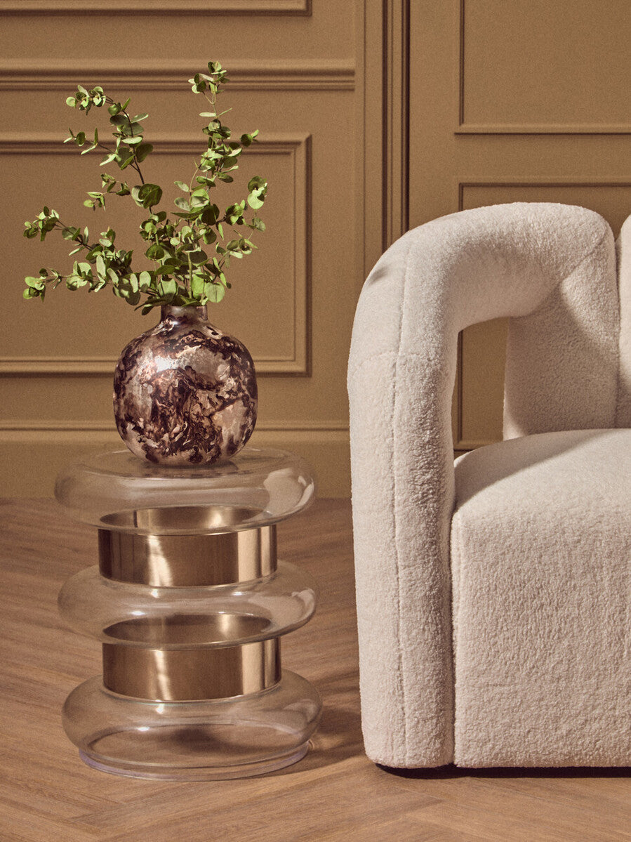Gold Finish Side Table with Clear Circular Glass Sides and Steel Frame | Margot