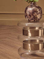 Gold Finish Side Table with Clear Circular Glass Sides and Steel Frame | Margot