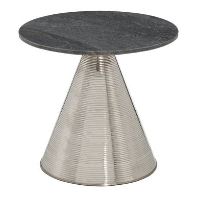 Grey Marble Top Side Table with Metallic Silver Finish Textured Base | Martini