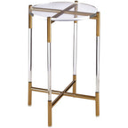 Round Clear Acrylic Side Table with Gold Finish Steel Cross Base, Miley
