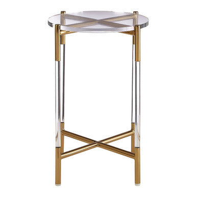 Round Clear Acrylic Side Table with Gold Finish Steel Cross Base, Miley