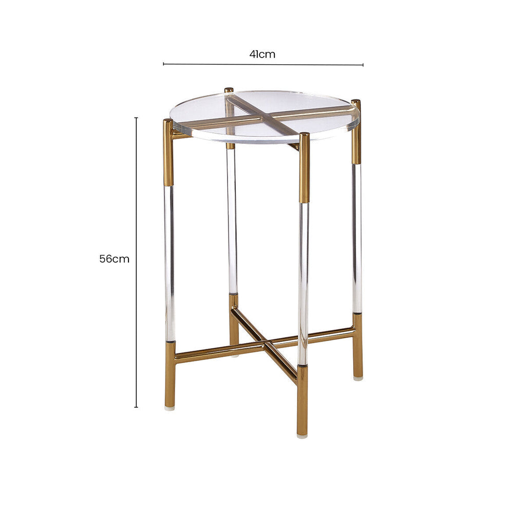 Round Clear Acrylic Side Table with Gold Finish Steel Cross Base, Miley