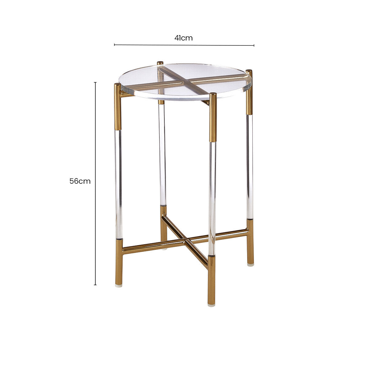 Round Clear Acrylic Side Table with Gold Finish Steel Cross Base, Miley