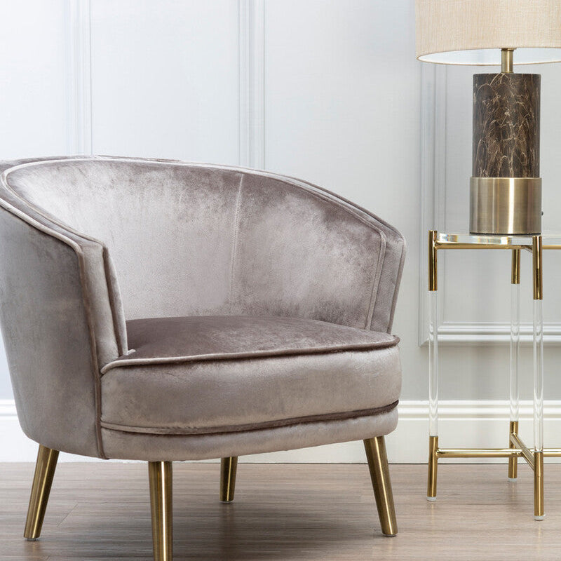 Round Clear Acrylic Side Table with Gold Finish Steel Cross Base, Miley